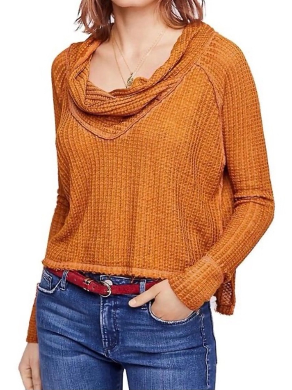 We The Free XS Women's Cowl Neck Sweater in Rust Orange